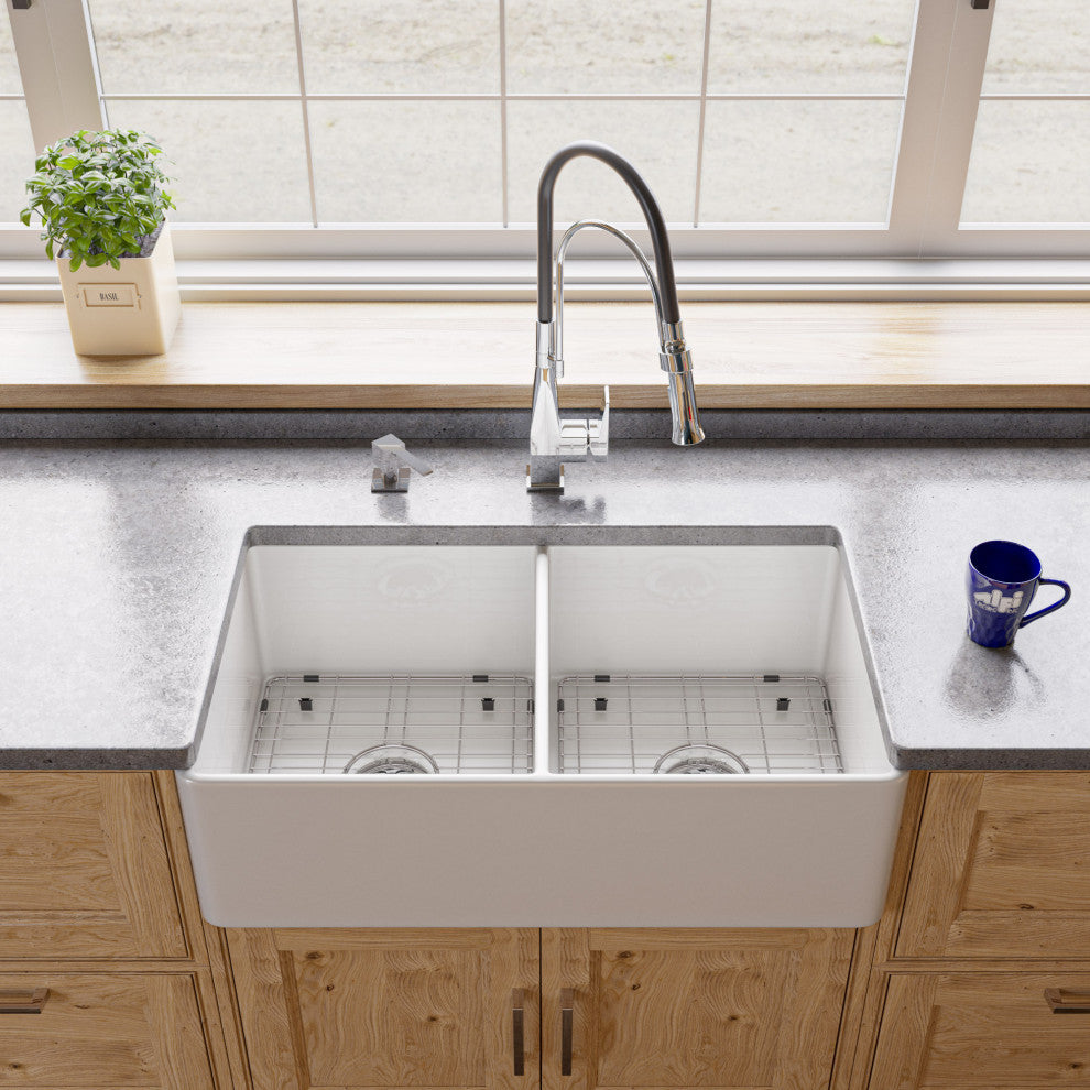 Smooth Apron Fireclay Farm Sink, White, 33"x18", Double Bowl