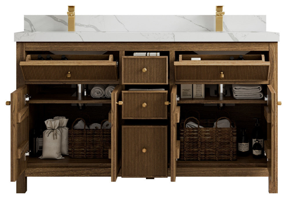 Sonoma Teak 60 Double Bathroom Vanity in Dark Natural with 2" Calacatta Laza