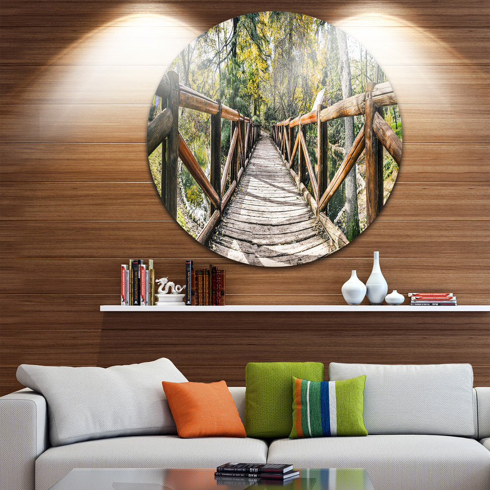 Wooden Bridge In Forest, Wooden Sea Bridge Round Wall Art, 23"