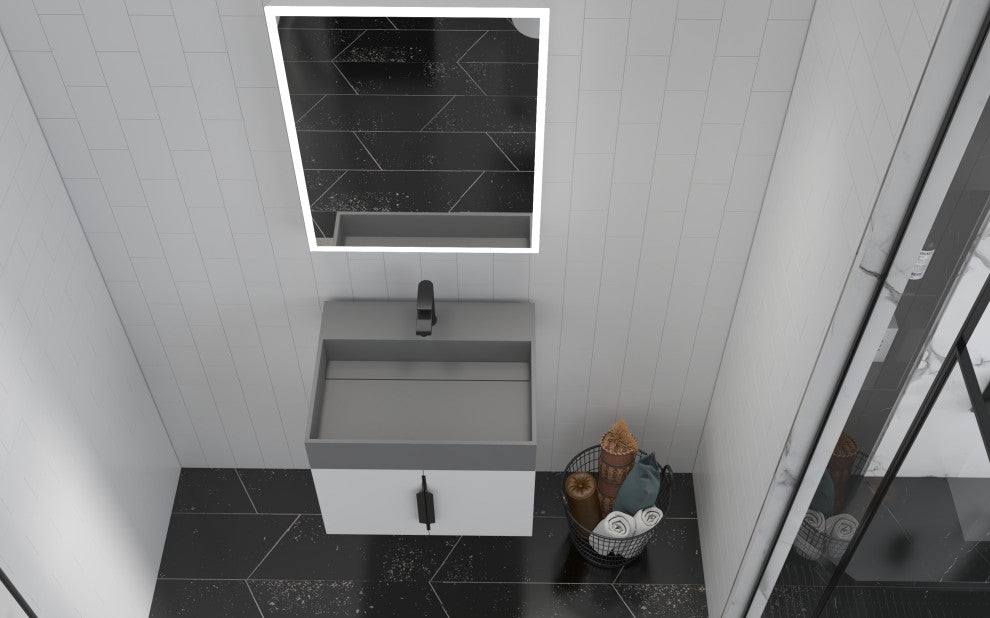 CastelloUSA Amazon 24" Wall Mounted Bathroom Vanity Set, White, Gray Top, Black Handles