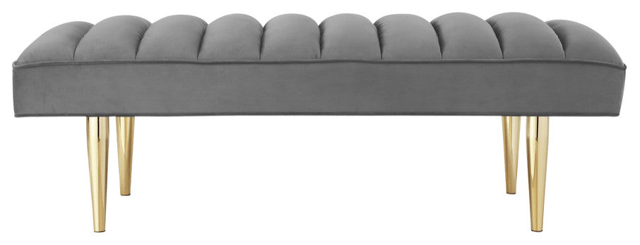53" Light Gray And Gold Upholstered Velvet Bench