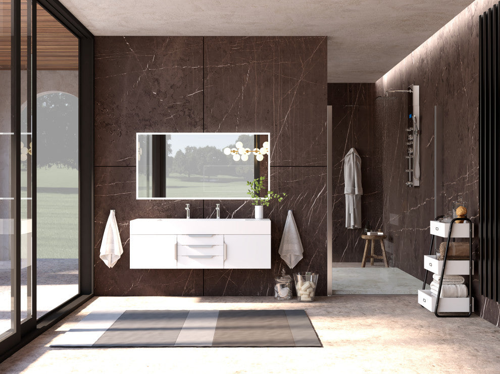 CastelloUSA Nile 60" Wall Mounted Vanity Set, White, White Top, Chrome Handles