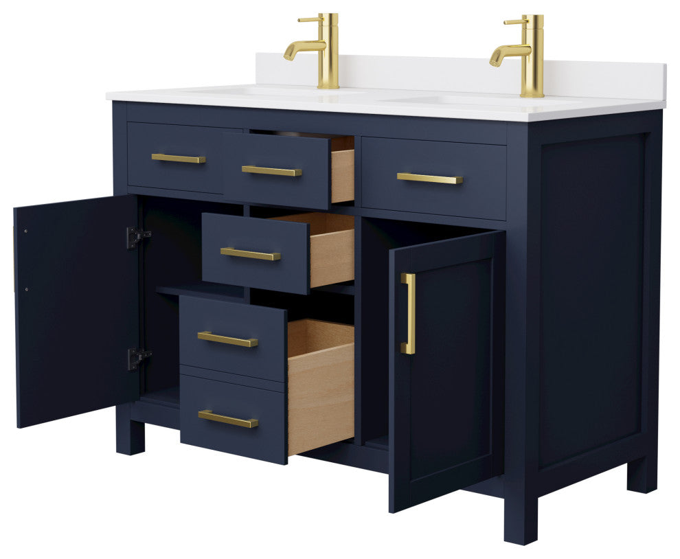48"DBL Bathroom Vanity Dark Blue, White Cult.Marble Countertop, Sinks, Gold Trim