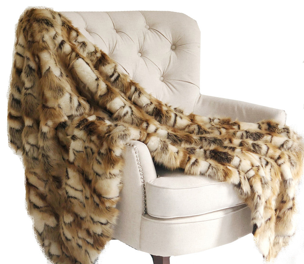 Plutus Brandy Gold and White Faux Fox Handmade Luxury Throw