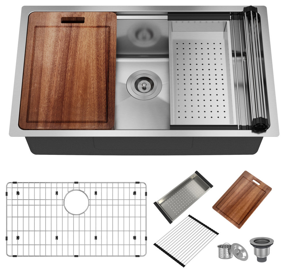 31in Undermount Kitchen Sink Single Bowl 18 Gauge Stainless Steel Workstation