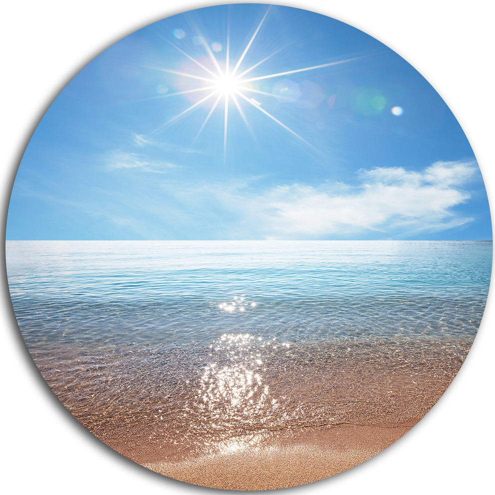 Serene Seascape With Bright Sun, Modern Beach Disc Metal Artwork, 11"