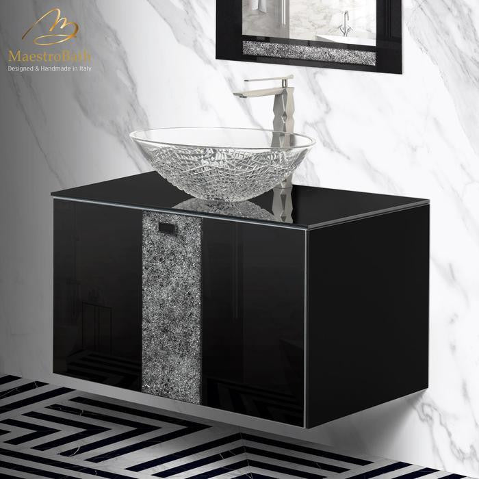 Luxury Crystal Single Bathroom Vanity, Black, Single Sink, Wall-mounted