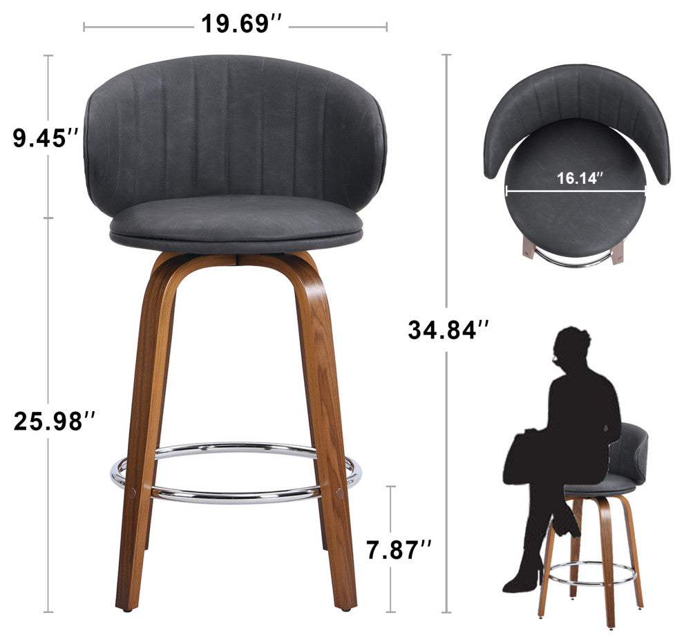 Swivel Counter Stool, Wood Bar stools, Pu Leather, Set of 2, Mid-Century Modern, Gray, 26''