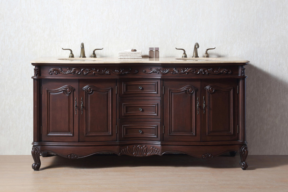 Cassandra 72" Dark Cherry Double Sink Bathroom Vanity, Travertine Marble Top