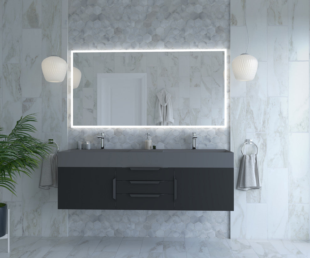 CastelloUSA Amazon 60" Wall Mounted Bathroom Vanity Set, Black, Gray Top, Black Handles