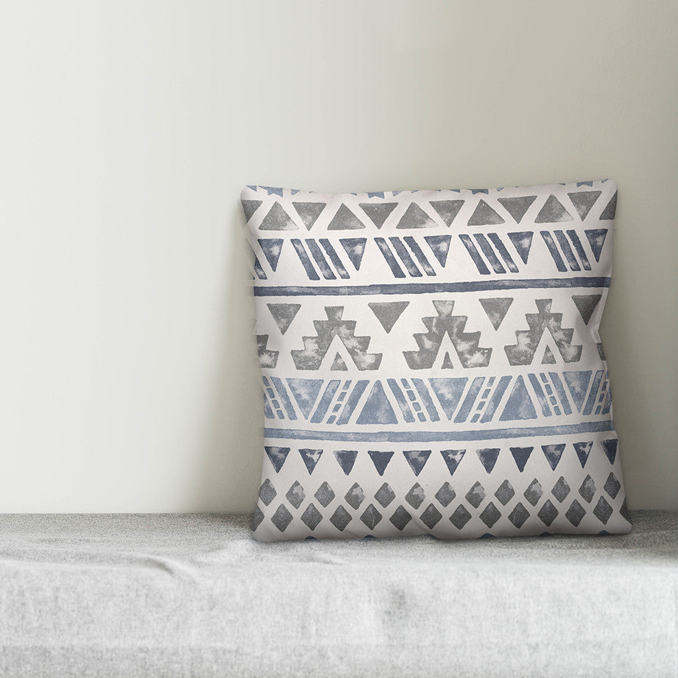 Gray and Blue Aztec Spun Poly Pillow, 18"x18"
