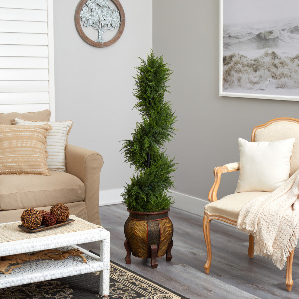 4.5' Spiral Cypress Faux Tree, Planter W/80 Clear LED Lights  Indoor/Outdoor