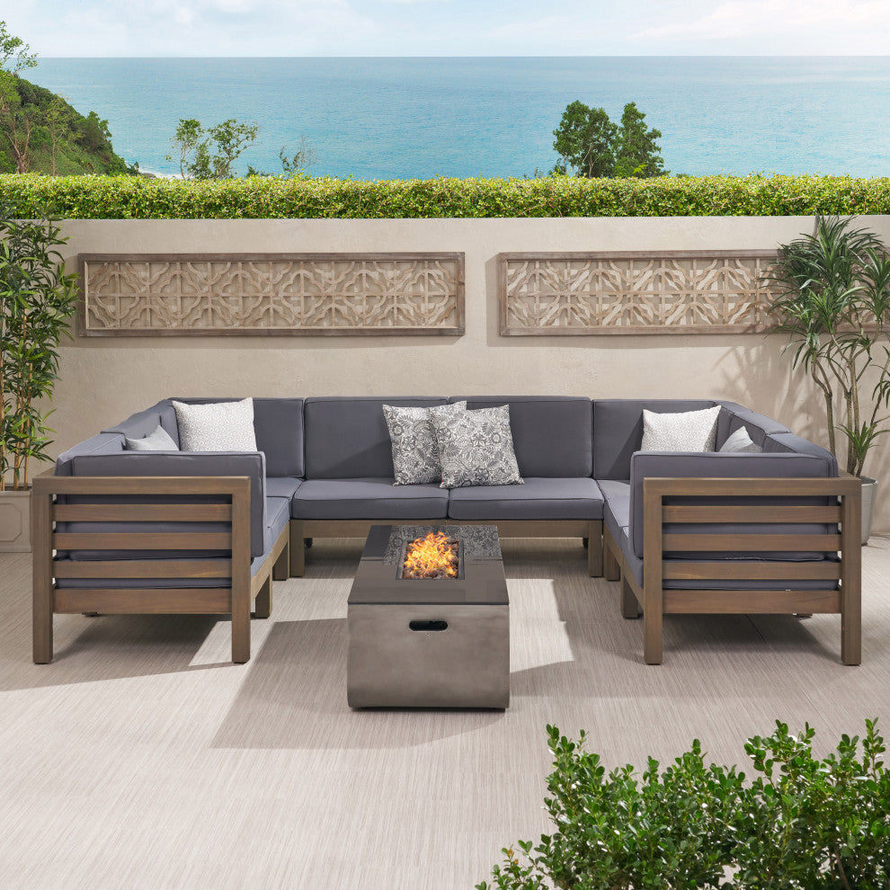 Dale Outdoor 8 Seater Acacia Wood Sectional Sofa Set With Fire Pit