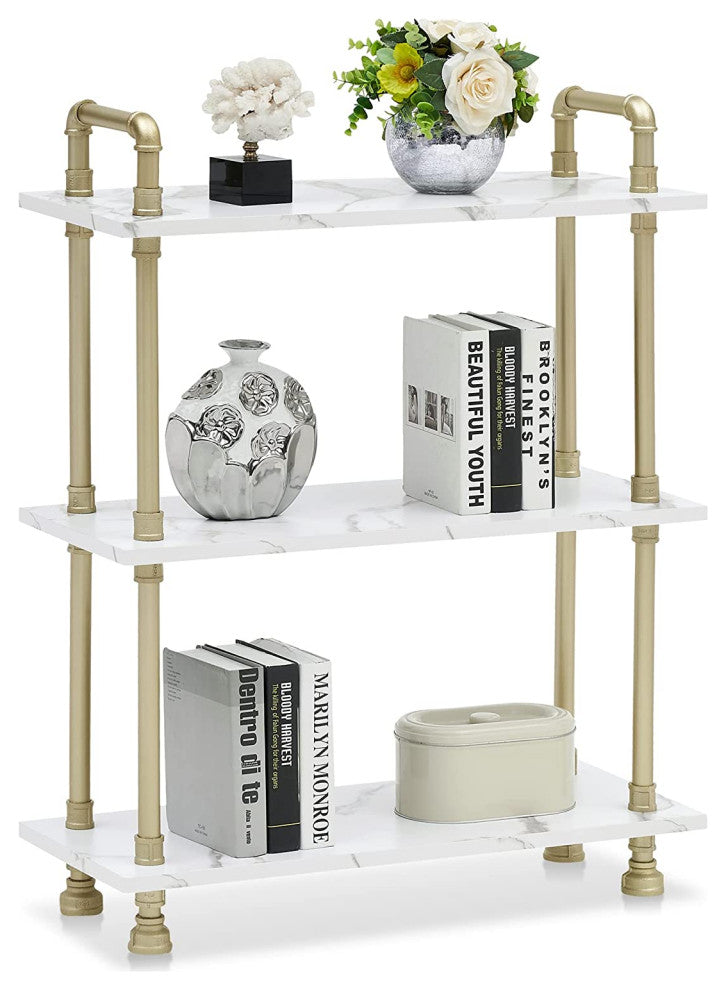 White Marble Wood Bookcase with Gold Metal Pipe Frame