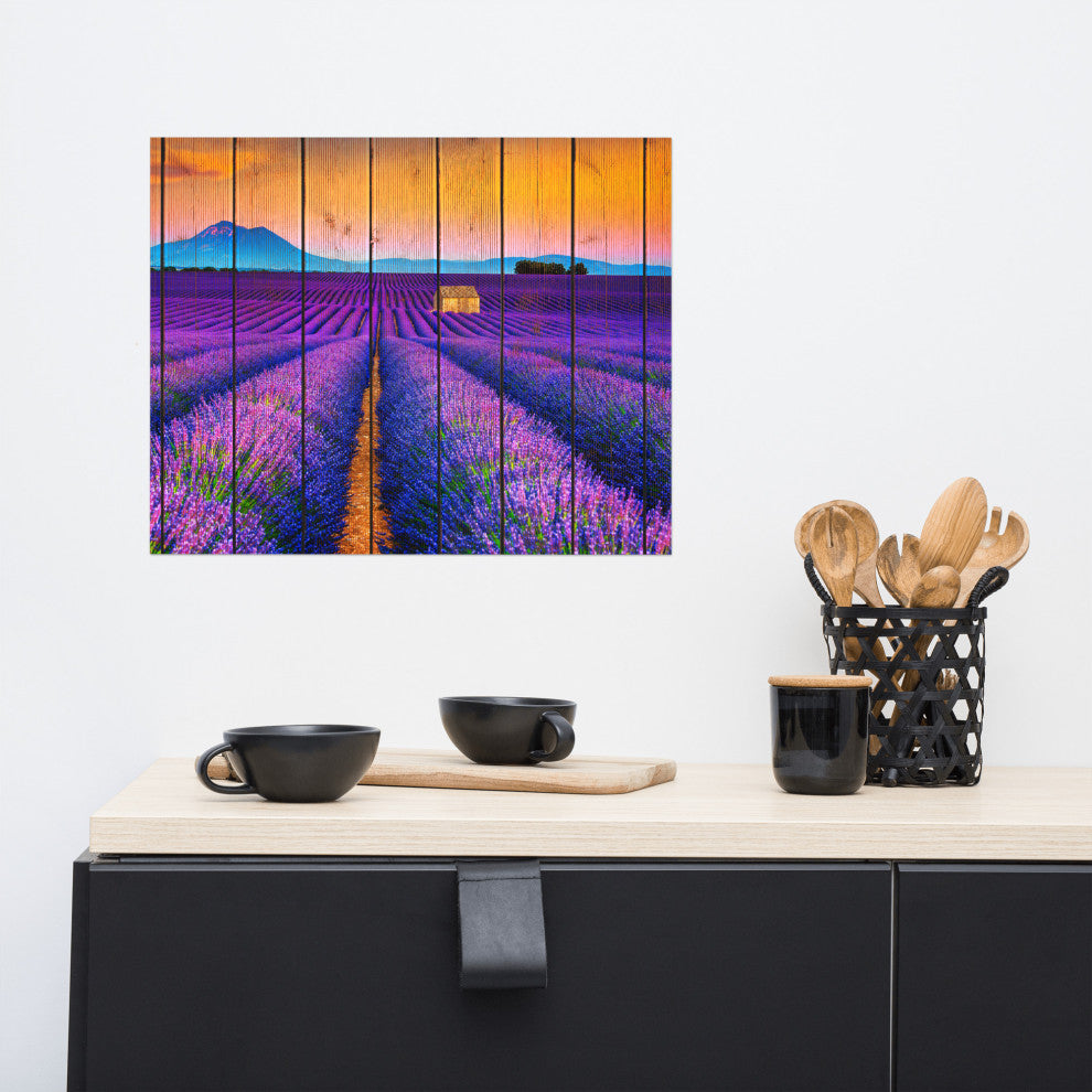 Faux Wood Lavender Fields and Sunset Landscape Unframed Wall Art Prints, 16" X 20"