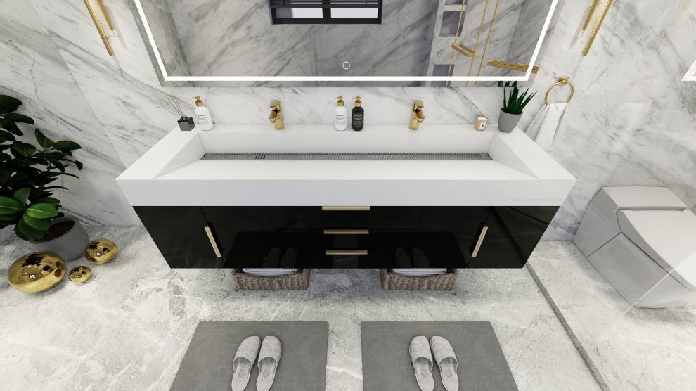 Madison 72" Wall Mounted Double Sink Vanity with Reinforced Acrylic Sink, High Gloss Black