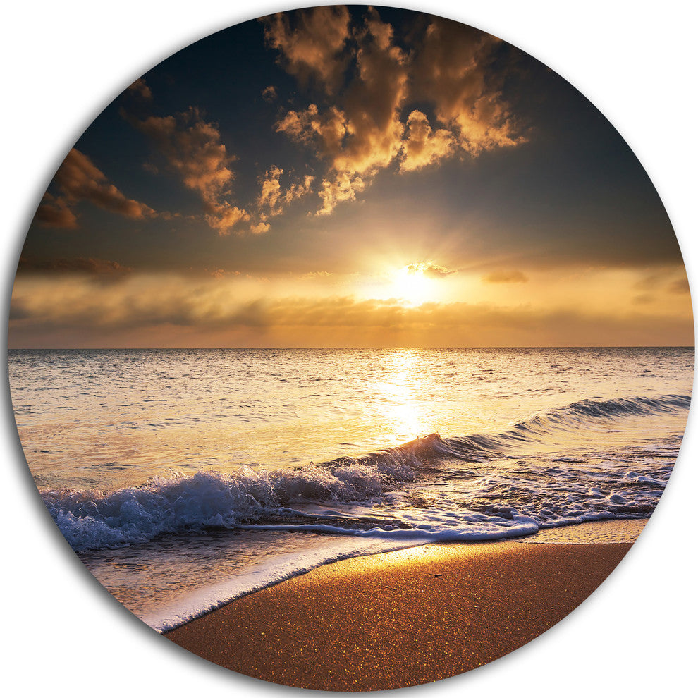 Sunset Over Foaming Waves, Modern Beach Disc Metal Wall Art, 23"