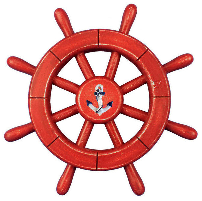 Rustic All Red Decorative Ship Wheel With Anchor 12'', Wooden Ship Wheel