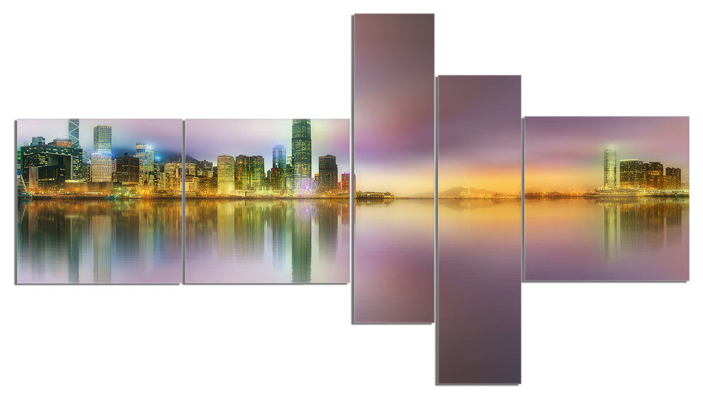 Hong Kong Panorama at Twilight, Cityscape Photo Canvas Print, 60"x32", 5 panels