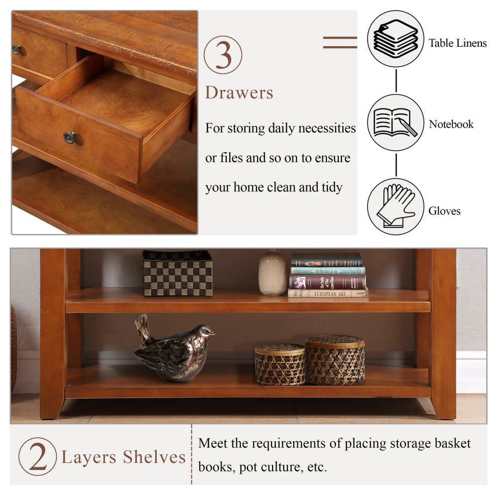TATEUS 48" Solid Pine Wood Console Table with Storage Drawers, Brown