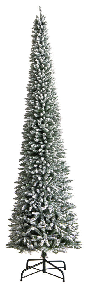 12' Flocked Pencil Faux Xmas Tree W/ 1000 Clear Lights & 1819 Bendable Branches