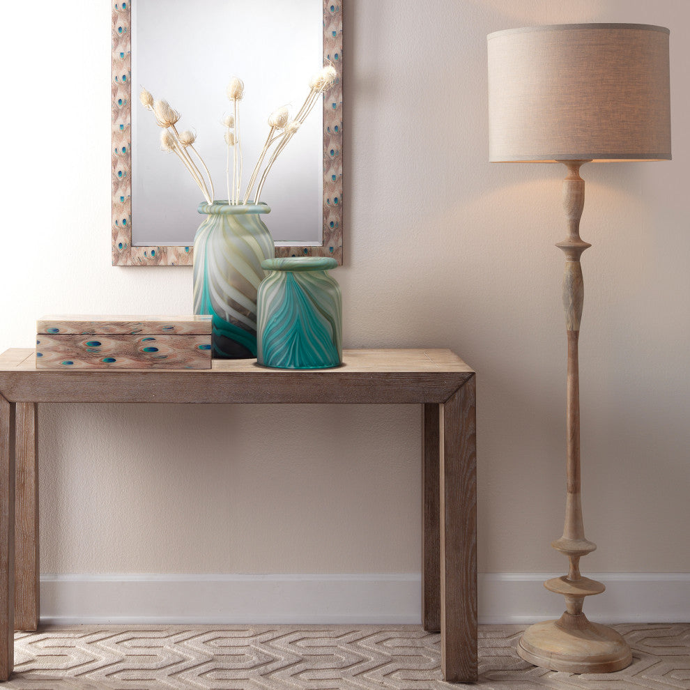 Petite Paro Floor Lamp, Bleached Wood With Large Drum Shade, Natural Linen