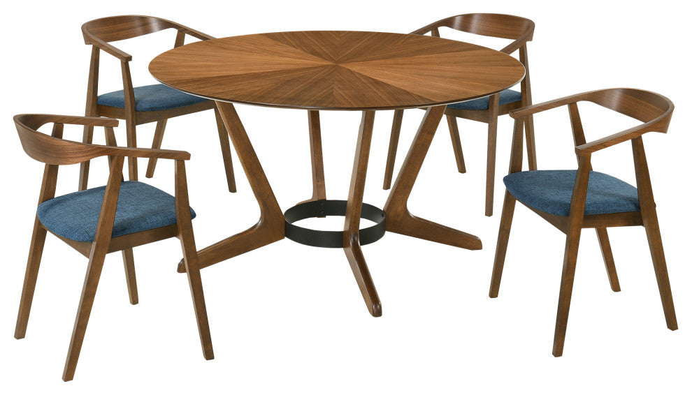 Santana 5-Piece Round Walnut Wood Dining Table Set With Blue Fabric