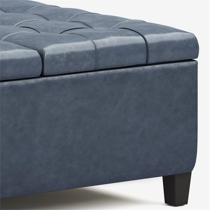 Simpli Home Harrison 36" Faux Leather Coffee Table Storage Ottoman in Denim Blue