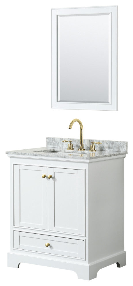 30" Single Bath Vanity, White, Carrara Countertop, Sink, Gold Trim, 24" Mirror