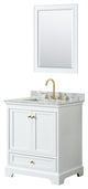 30" Single Bath Vanity, White, Carrara Countertop, Sink, Gold Trim, 24" Mirror