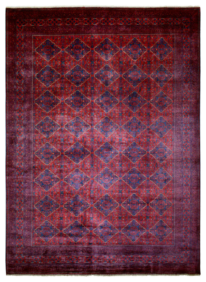 Deep and Saturated Red Hand Knotted Afghan Khamyab Velvety Wool Rug, 9'8"x13'1"
