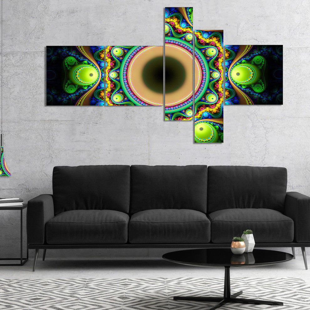 Green Fractal Pattern with Circles, Abstract Canvas Art Print, 60"x32", 5 panels
