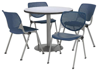 KFI Round 42" Pedestal Table - 4 Navy KOOL Chairs - Grey Nebula Top