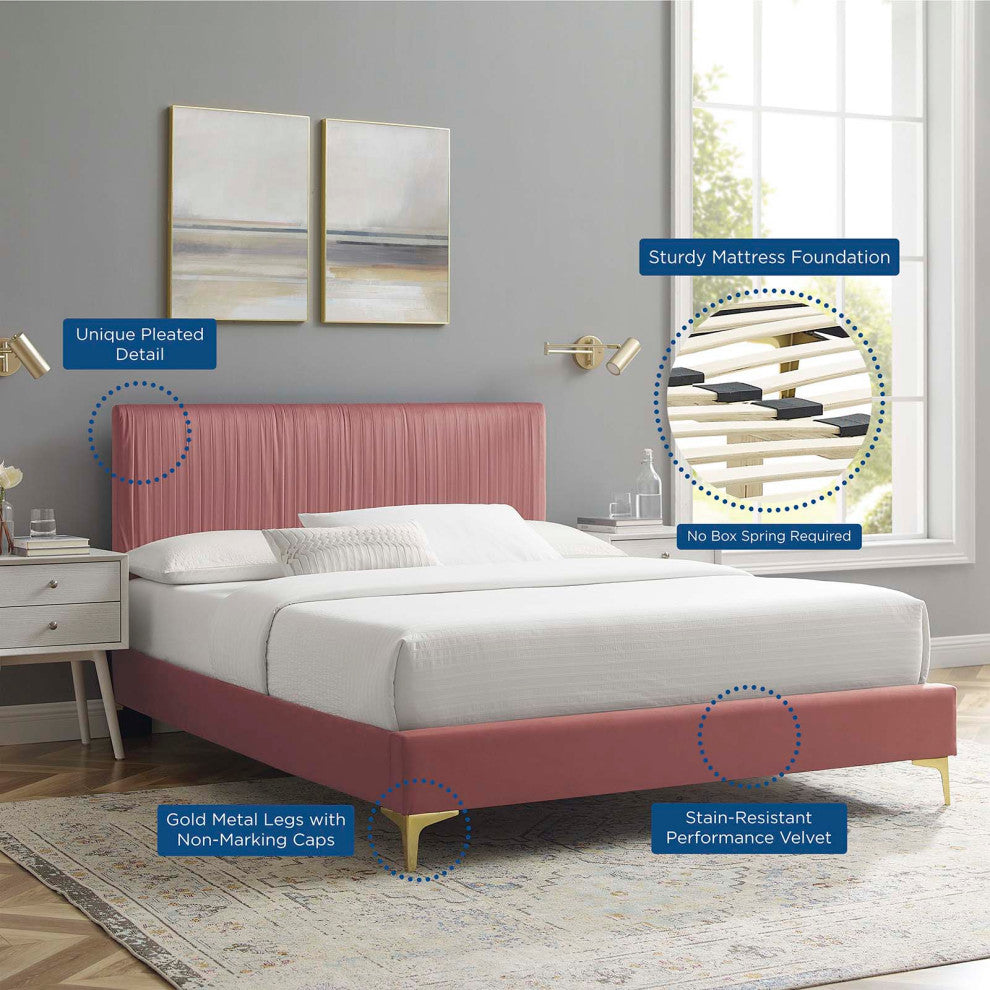 Platform Bed Frame, Queen Size, Velvet, Pink, Modern Contemporary, Bedroom