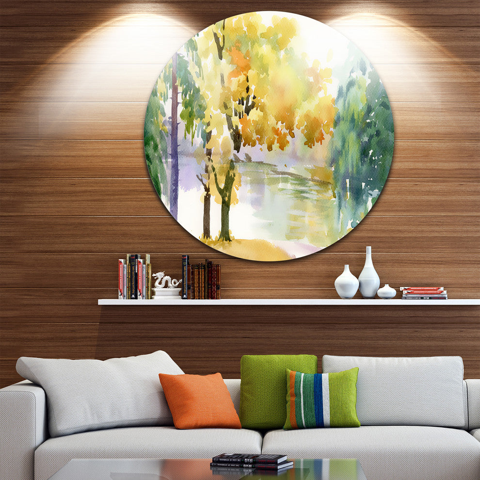 Beautiful Autumn Forest Watercolor, Landscape Disc Metal Artwork, 11"