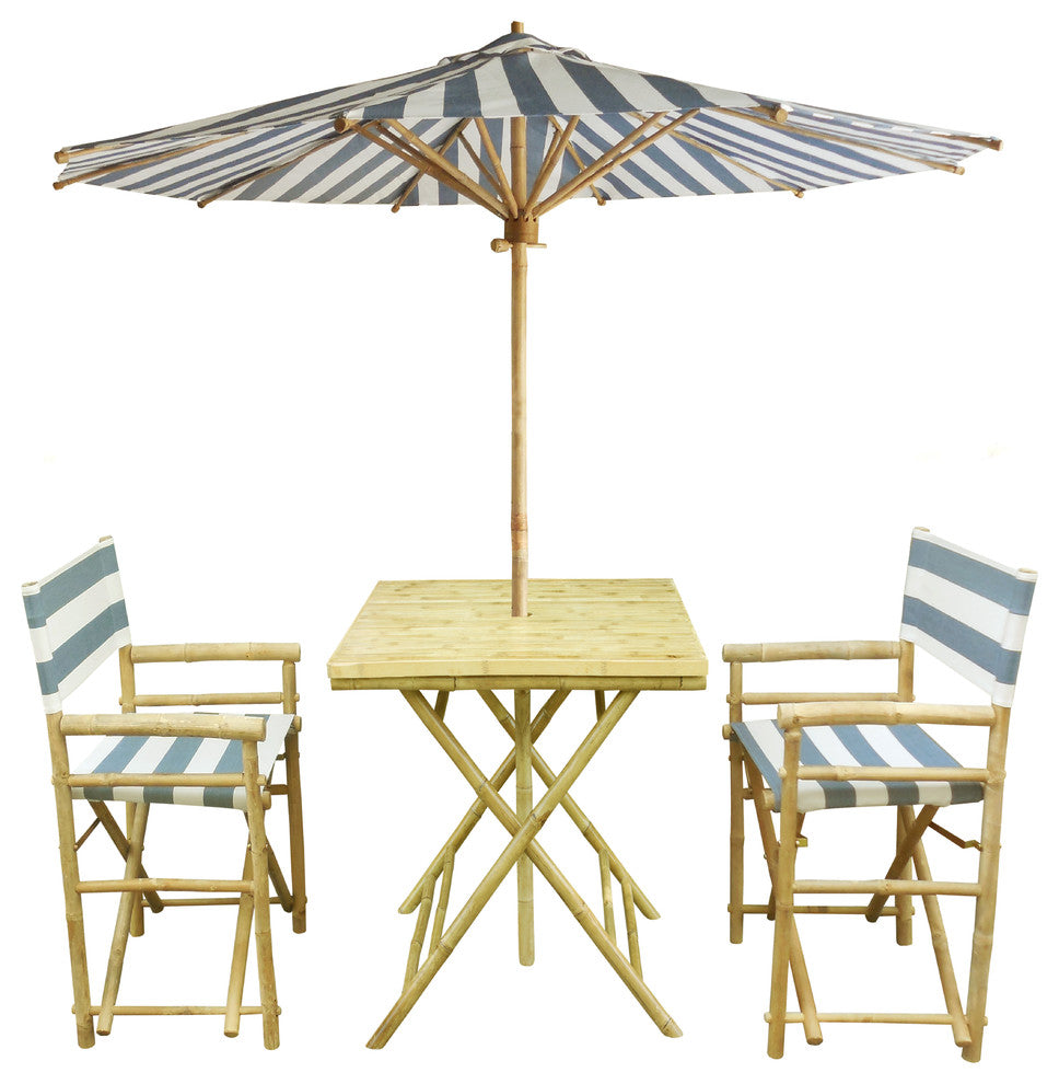 Set of Bamboo Square Table, 2 Director Chair, 1 Umbrealla, Navy and White Stripe