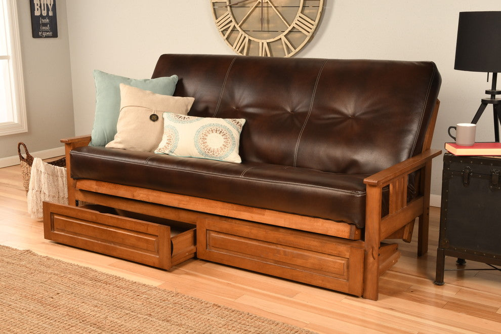 Caleb Frame Futon With Barbados Finish, Storage Drawers, Oregon Trail Java