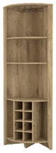 Bouvet Corner Bar Cabinet with 3 Shelves, 8 Wine Cubbies and Cup Rack, Macadamia