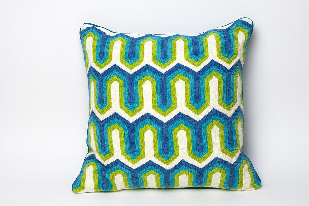 Hand-Embroidered Panaji Blue Geometric Pillow, Cover Only