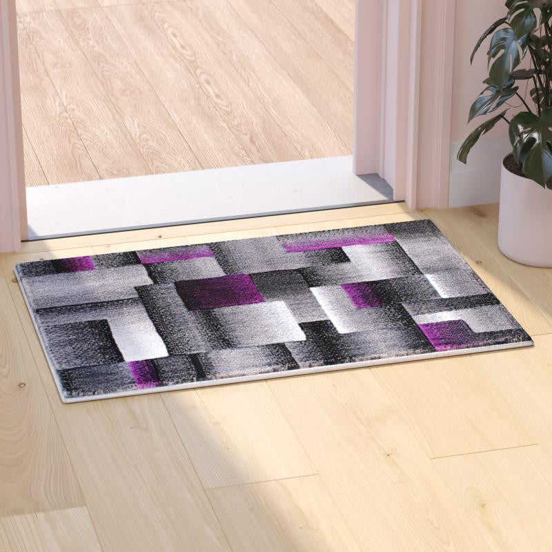 Elio Collection Color Blocked Area Rug, Purple, 2' X 3'