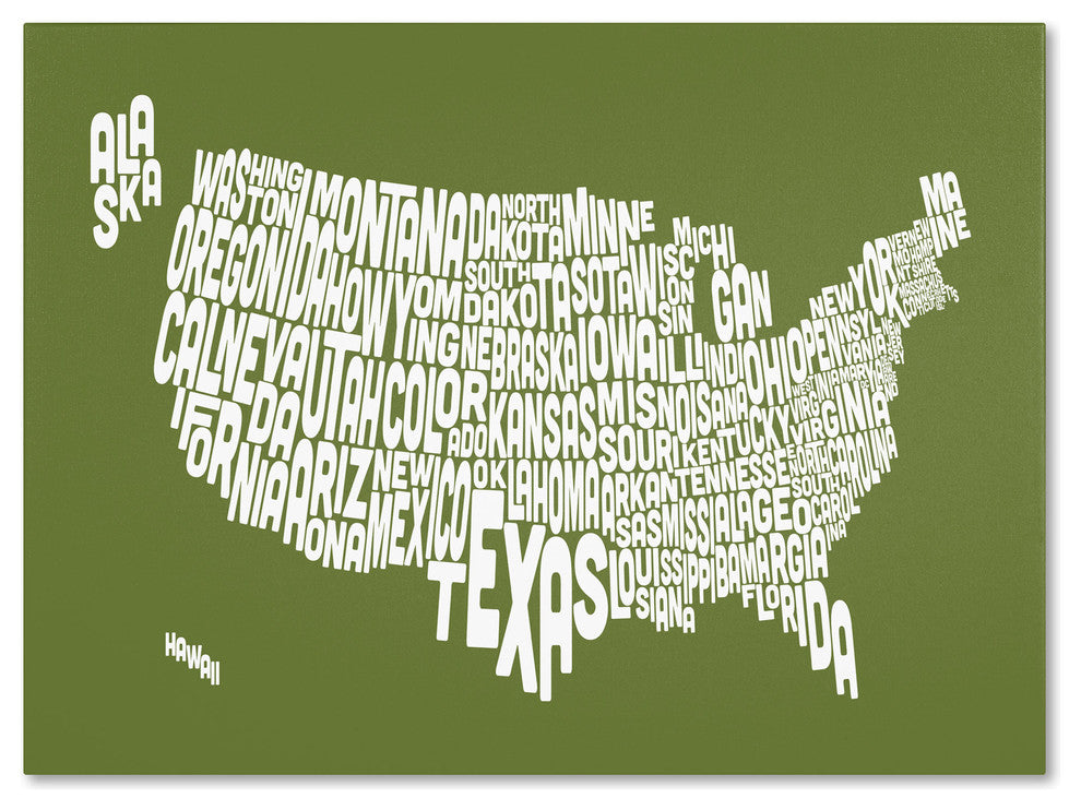 ''USA States Text Map - Olive'' Canvas Art by Michael Tompsett
