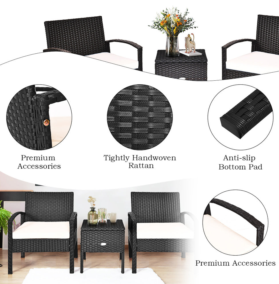 Costway 3PC Outdoor Patio Rattan Furniture Set Storage Table Cushioned Black