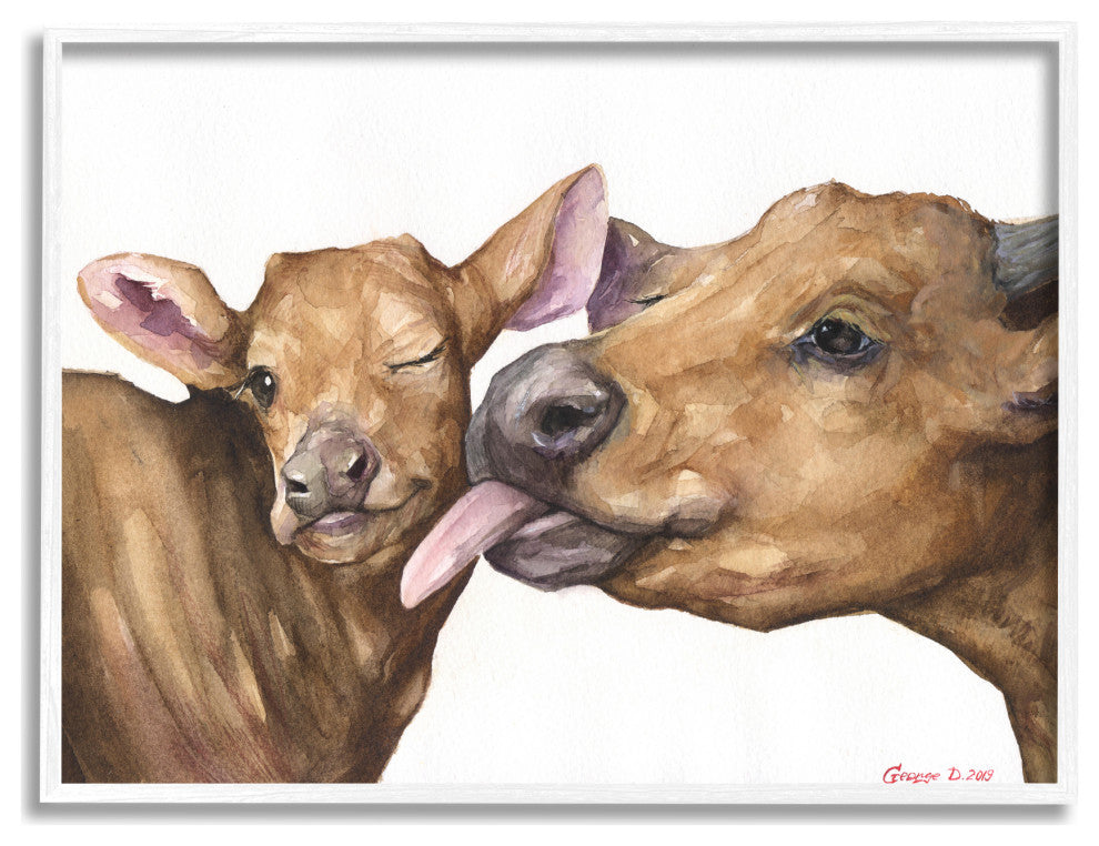 Baby Cow Family Animal Watercolor Painting, 14 x 11