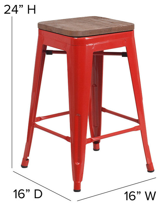 24" High Backless Red Metal Counter Height Stool With Square Wood Seat