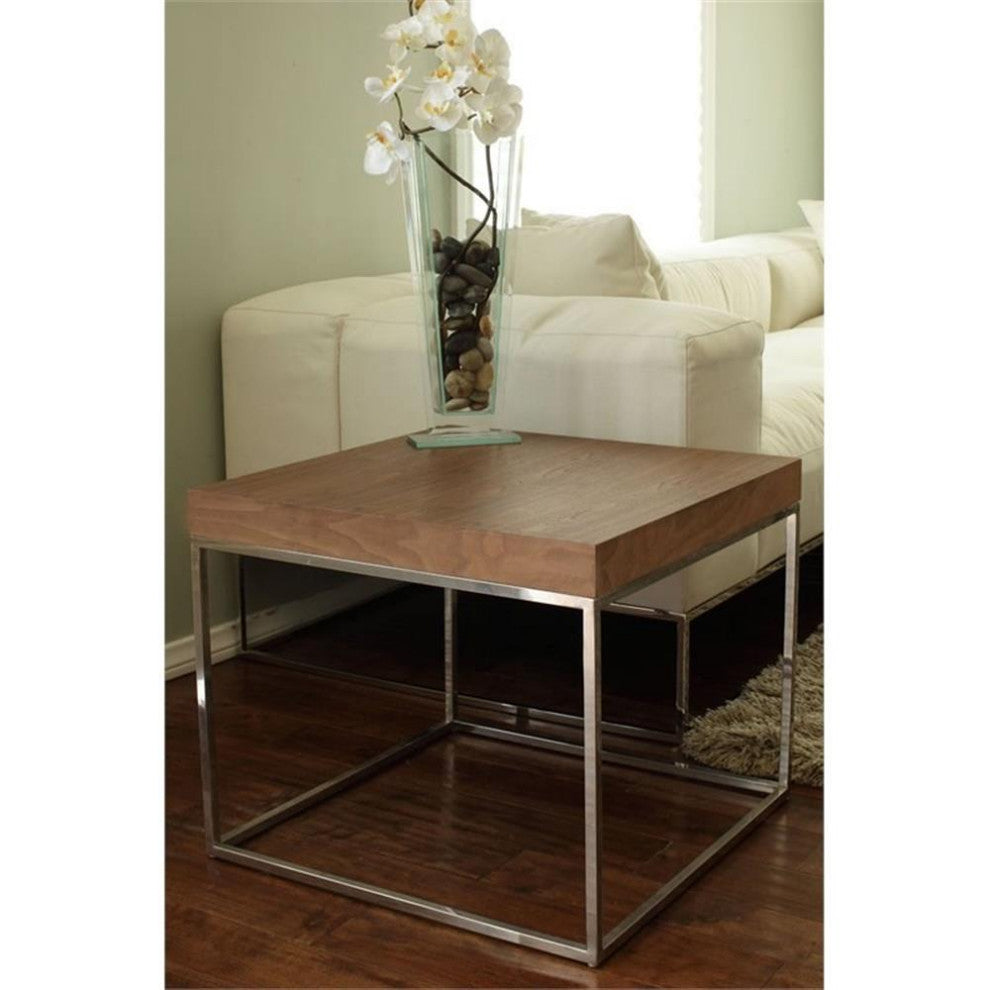 Pangea Home Fred Modern Wood Veneer & High Polished Steel Side Table in Walnut