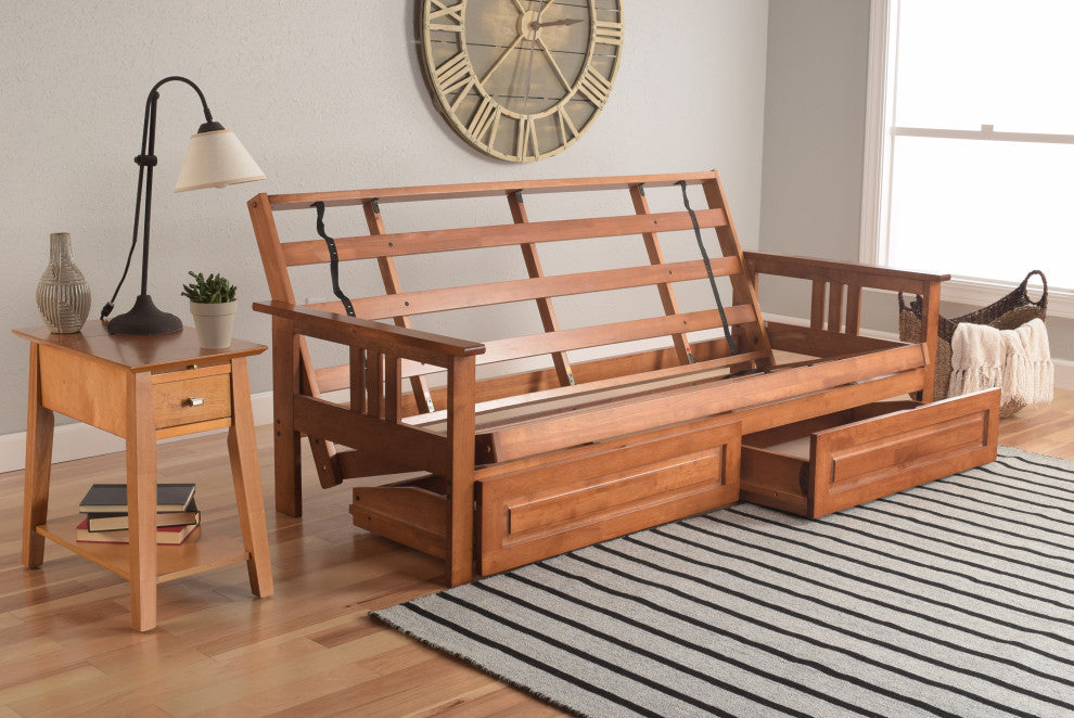 Caleb Frame Futon With Barbados Finish, Storage Drawers, Suede Blue