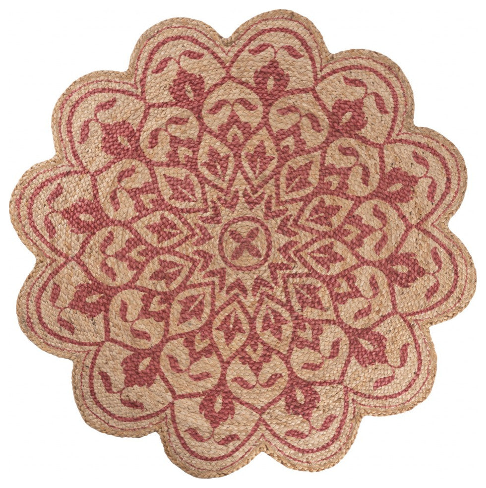 6" Round Tan and Red Boho Chic Area Rug