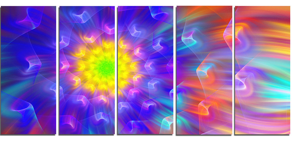 Bright Blue Fractal Petals Dandelion, Floral Canvas Art Print, 60"x28", 5 Panels