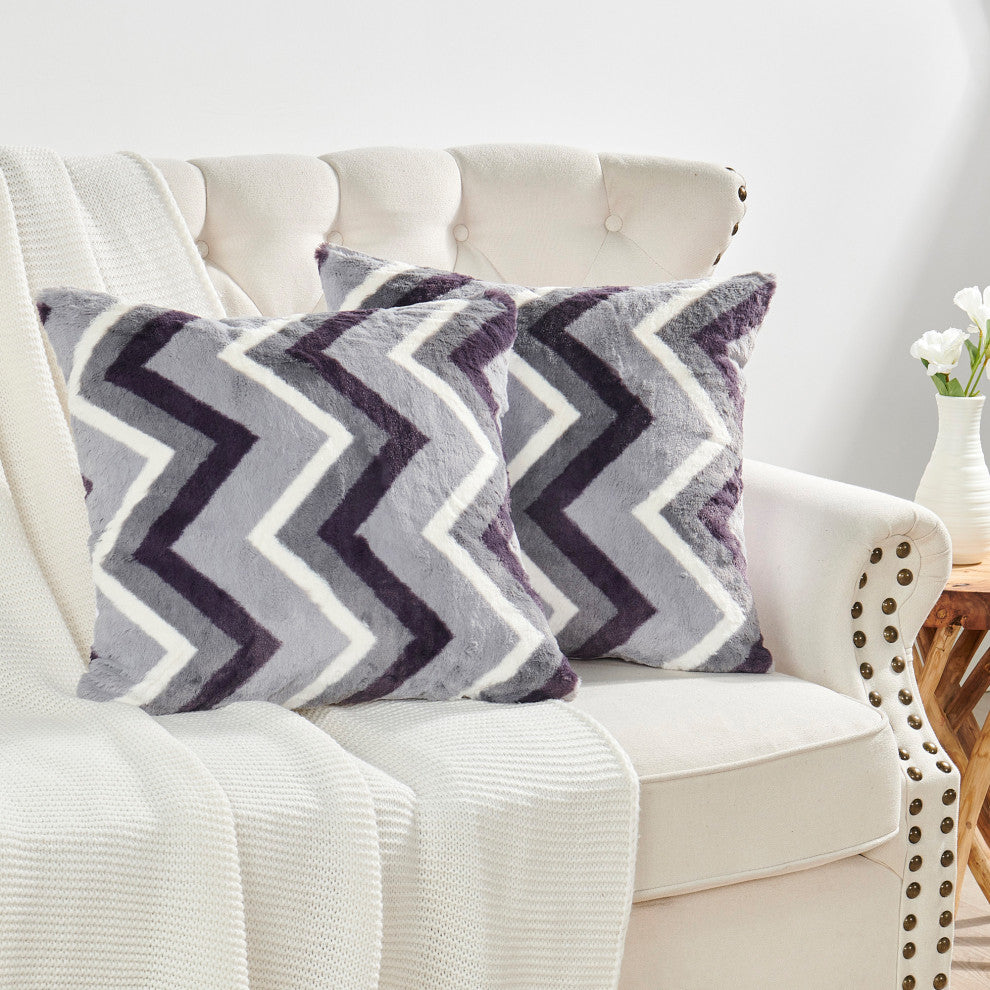Chevron Faux Fur Pillow Shells, Set of 2, Gray Purple, 20"x20"