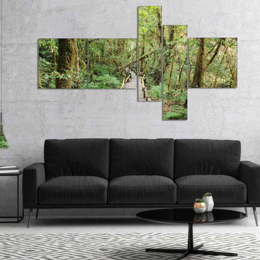 Walk Way in Deep Forest, Landscape Photo Canvas Art Print, 60"x32", 5 panels